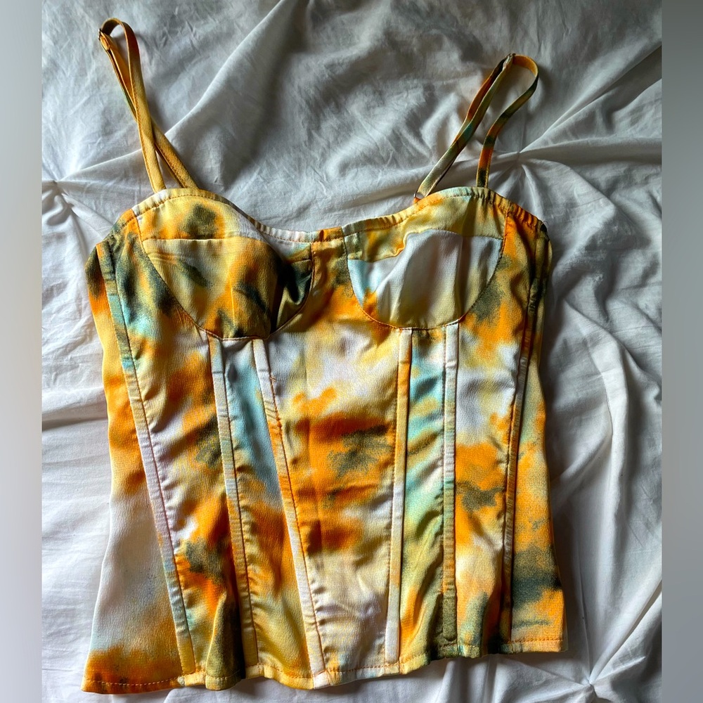 Prettylittlething Orange Tie Dye Print Structured Corset Top